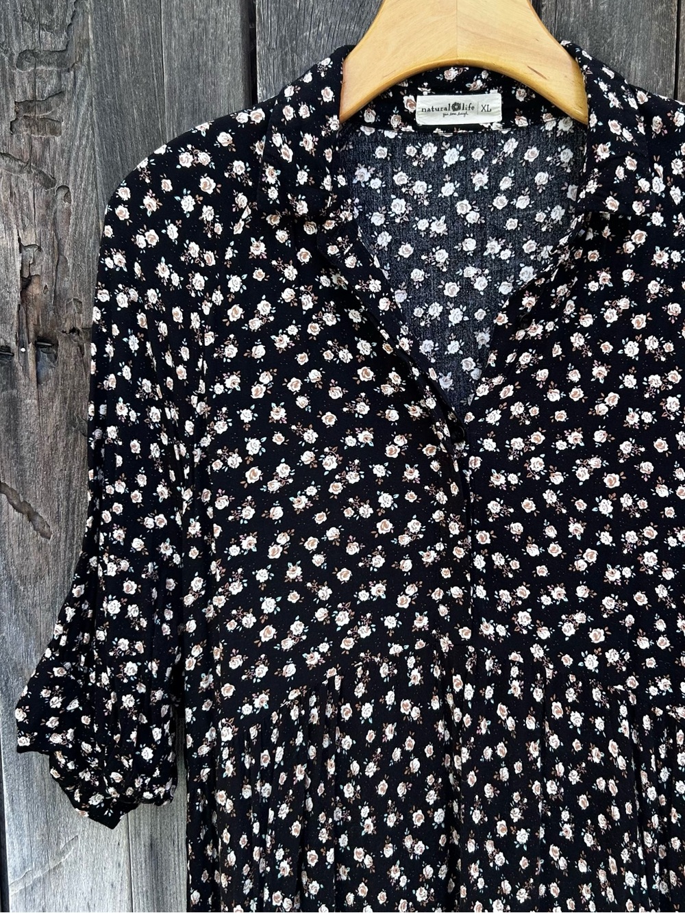 Natural Life Rebecca Midi Dress Rose Floral Print Rayon Black Cream XL - Picture 6 of 16